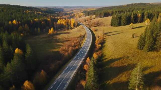 Top drone view of road in woods. Beautiful landscape with roadway in hills, pine trees, 