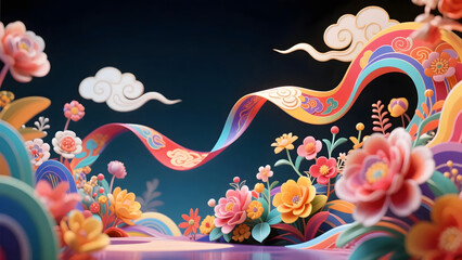 Abstract Guochao style 3D art with ribbons and auspicious clouds