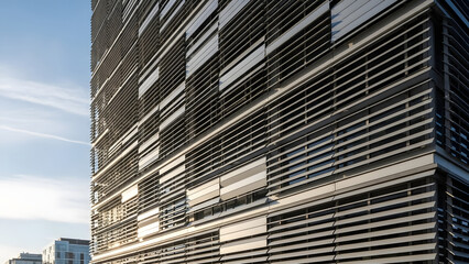 Smart Responsive Architectural Facade Design Featuring Modern Louvers and Sleek Metallic Exterior on a Clear Day