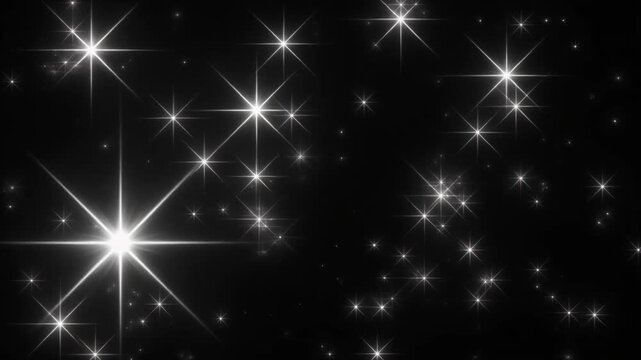 Twinkling stars glow and sparkle on black background, shimmering starburst light with pulsin.