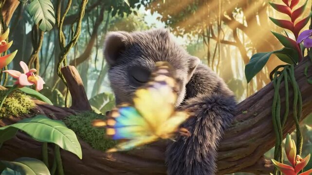 Charming 8K cartoon of a baby binturong sleeping on a branch, suitable for bedtime stories, wildlife illustrations, and educational media.