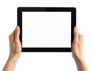 Hands holding a horizontal tablet with a blank white screen mockup Isolated on transparent or white, Cut out