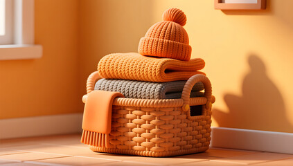 Cozy lifestyle scene with neatly stacked sweaters