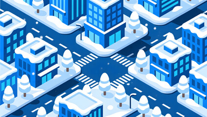 A structured isometric winter city with a cool tech aesthetic
