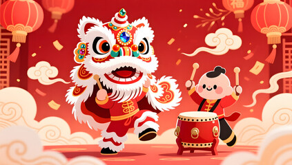 Fototapeta premium Lion dance with drummer Spring Festival illustration