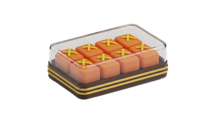 3D Cute Cartoon Candy Box with Orange Squares and Yellow Crosses on transparent background