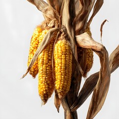 corn on cornstalk. Photo with dramatic lighting. White background.