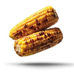 Two juicy grilled corn on the cob with golden yellow kernels, slightly charred with dark grill marks, brushed with melted butter that glistens on their surfaces. The two corns are floating mid-air,