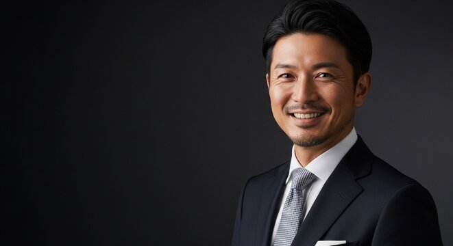 信頼感あふれる笑顔の日本人男性ビジネスマン：エグゼクティブなスーツ姿のポートレート
