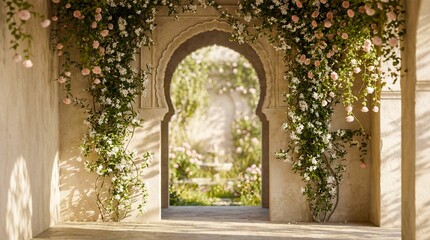 Fototapeta premium Enchanting Moroccan Archway Adorned with Lush White Flowers and Greenery.