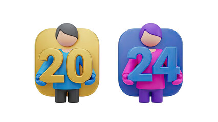 3D figures holding numbers 20 and 24 on transparent background