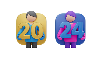 3D figures holding numbers 20 and 24 on transparent background