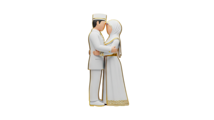 3D Muslim Couple Embracing in Wedding Attire on transparent background