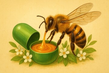 A bee taking honey from a capsule, giving the impression of participating in the benefits of honey for medical purposes.