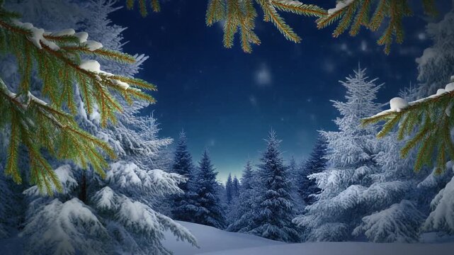 winter night landscape. snowy forest and fir branches.