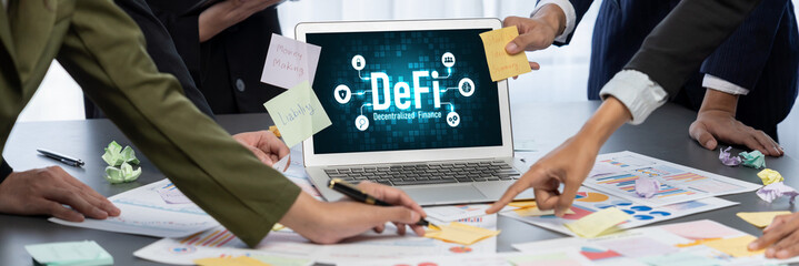 Analyst team use sticky note for creative and analytic brainstorm for business idea with BI data dashboard on laptop screen. Analysis financial data visualization tech for marketing strategy. Prodigy