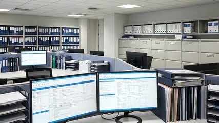 Modern office workspace with computers and files organized