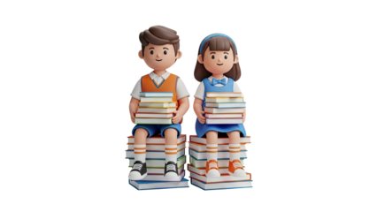 3D Children with stacks of books on transparent background