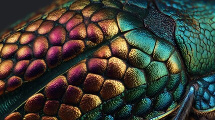 Emerald Shell's Symphony: An macro-lens captures the mesmerizing iridescence of beetle's shell, a mosaic of vibrant colors and intricate textures, revealing the insect's hidden beauty.
