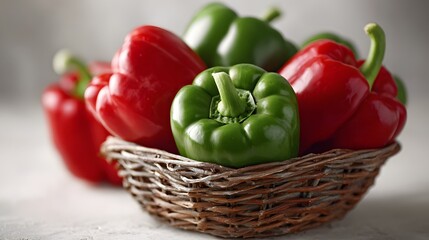 A Wicker Basket Filled With Fresh Red and Green Bell Peppers.