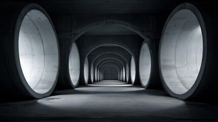 Mysterious Concrete Tunnel: An enigmatic tunnel, formed by massive concrete structures, fades into the depths, inviting a sense of exploration and intrigue.