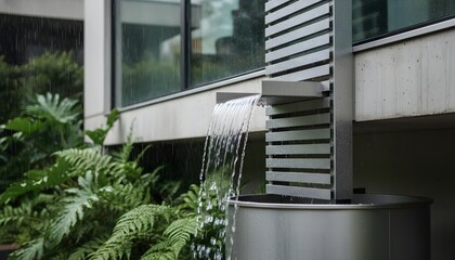 Modern Outdoor Water Feature with Lush Greenery and Architectural Elements.