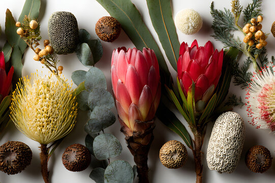 Beautiful flat lay floral arrangement of mostly Australian native flowers, including protea, banksia, kangaroo paw eucalyptus leaves and gum nuts on a white background. Space for copy.