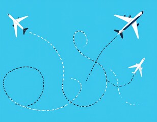 Three airplanes flying through a clear blue sky, showing flight paths