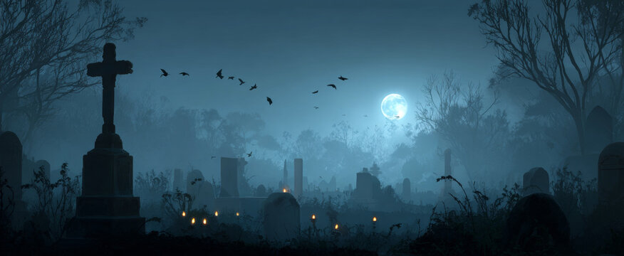Spooky graveyard scene at night with weathered tombstones, dense fog, and a glowing full moon illuminating the eerie landscape