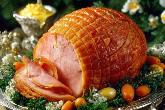 Delicious, cooked ham presented on platter, adorned with carrots and greens