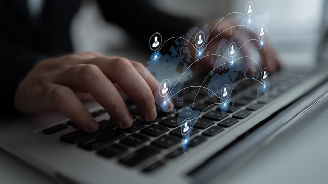Concept of a global workforce and remote team collaboration. This international network represents professional human resources and social community connections across the world. Fermion