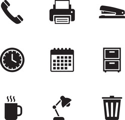 Office supplies and icons including phone, printer, stapler, clock, calendar, fridge, coffee mug, lamp, and trash can on white background