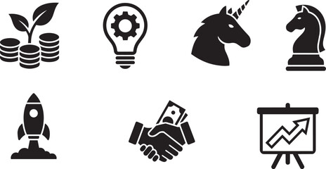 Business strategy icons including growth investment handshake chess pieces lightbulb rocket © Silent Killer