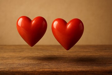 Two vibrant red hearts symbolize love and connection floating above a rustic wooden table
