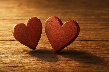 Fototapeta premium Two wooden hearts standing together on a rustic timber surface bathed in warm, gentle light