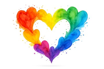 Colorful watercolor hearts forming a large rainbow love shape with artistic splatters