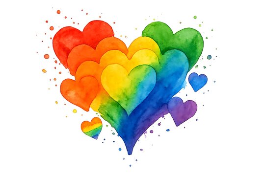 Vibrant watercolor rainbow hearts illustrating love, diversity, and pride - Powered by Adobe