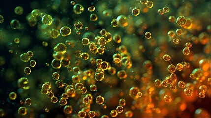 Abstract Macro Bubbles Floating in Liquid with Golden Hues.