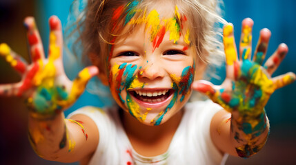 happy girl with painted hands