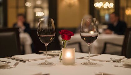 Romantic Dinner Setting with Red Wine Glasses and Candlelight in a Fine Dining Restaurant.