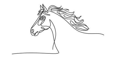 Elegant one line drawing of a horse head with flowing mane on a white background © Icon_gallery