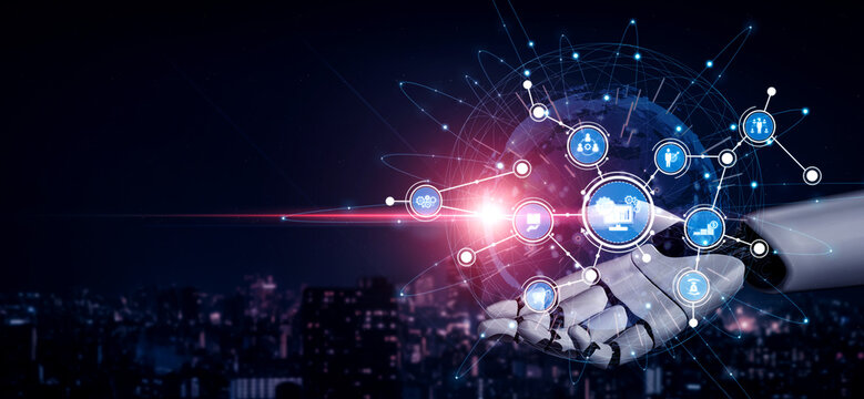 A futuristic robotic hand reaches out, holding a digital network featuring glowing icons, representing the intersection of technology and urban life in modern society. Tessel
