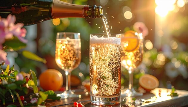 Close-up of champagne being poured into a glass with confetti, surrounded by two glasses, oranges, and greenery in a sunny outdoor setting with a festive mood.