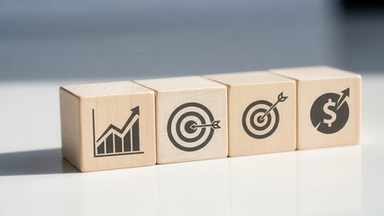 KPI projection icons on wooden cubes positioned precisely with shallow depth and clean minimal blurred background