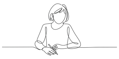 Continuous line art of a person sitting at a desk writing with a pen
