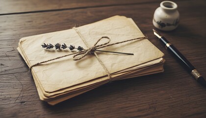Stack of old vintage letters tied with string and dried lavender on a rustic wooden table with an inkwell and quill pen.