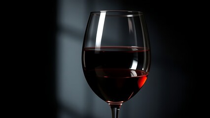 A wine glass filled with deep red liquid, highlighted against a dark background.