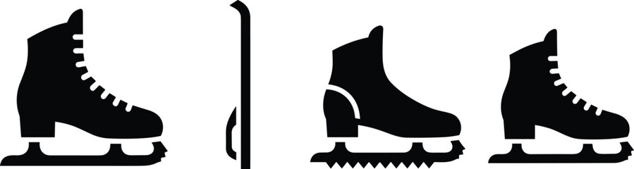 Ice skate icon set in black and white for skating design with winter sport element on transparent.