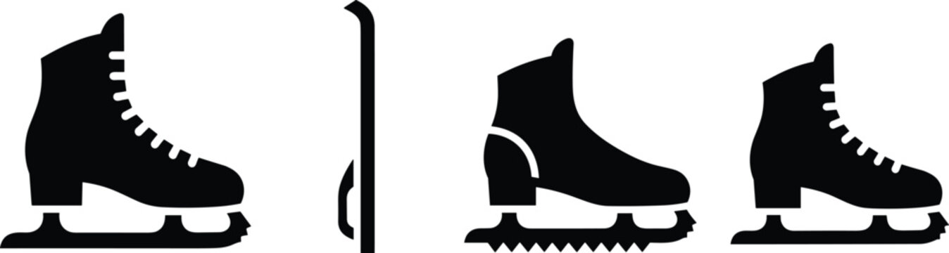 Ice skate icon set in black and white for skating design with winter sport element on transparent.