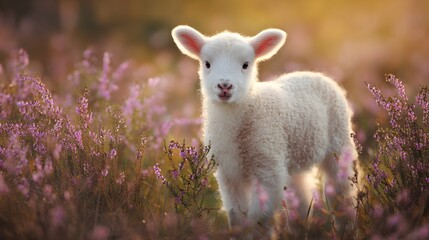 Obraz premium Adorable Newborn Lamb Standing in a Field of Purple Heather at Sunrise.
